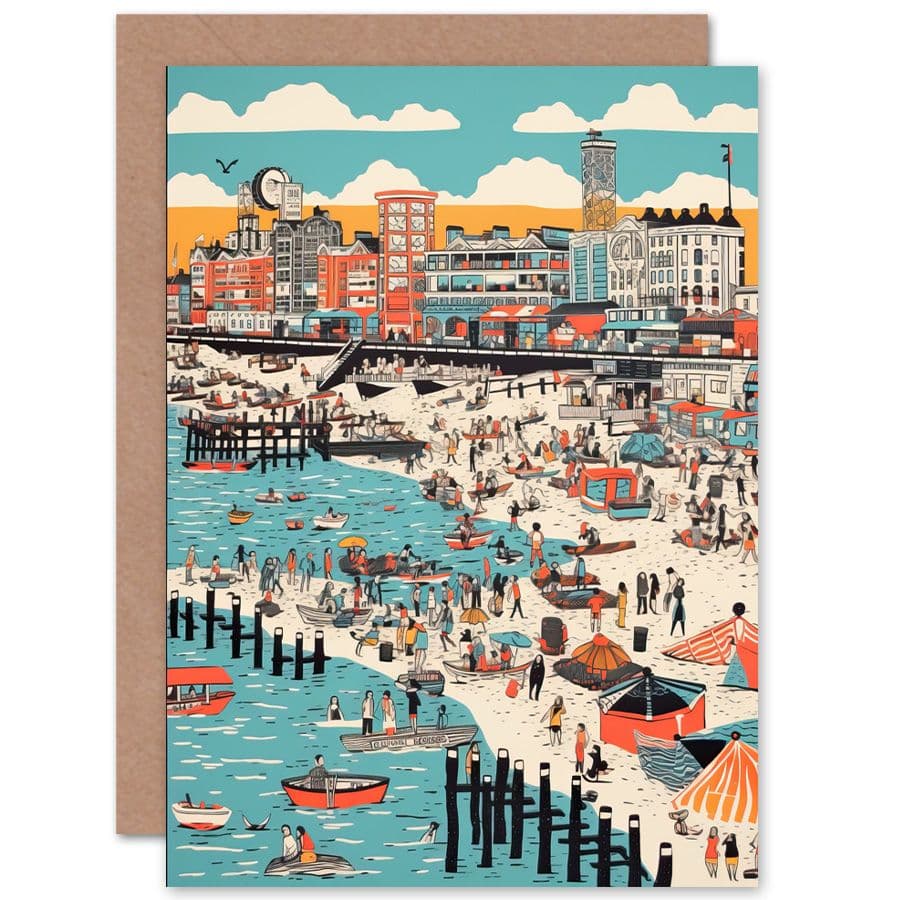 Brighton Beach Warm Summer Day Colourful Linocut Travel Birthday Card
