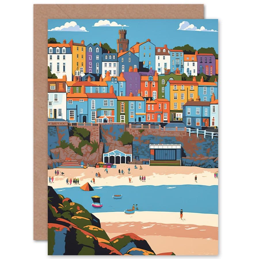 Tenby Castle Beach in Wales Colourful Townscape Travel Birthday Card