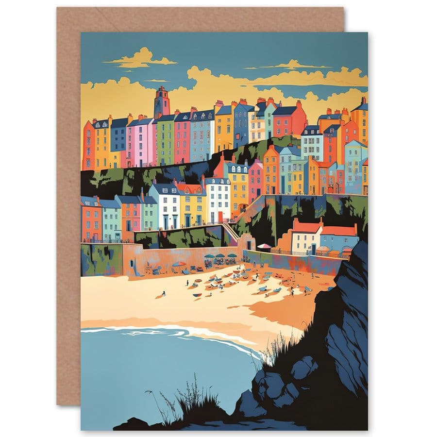 Tenby Castle Beach Coastal Town in Wales Linocut Travel Birthday Card