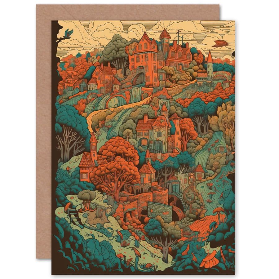 Village Forest Coral Teal Travel Birthday Card