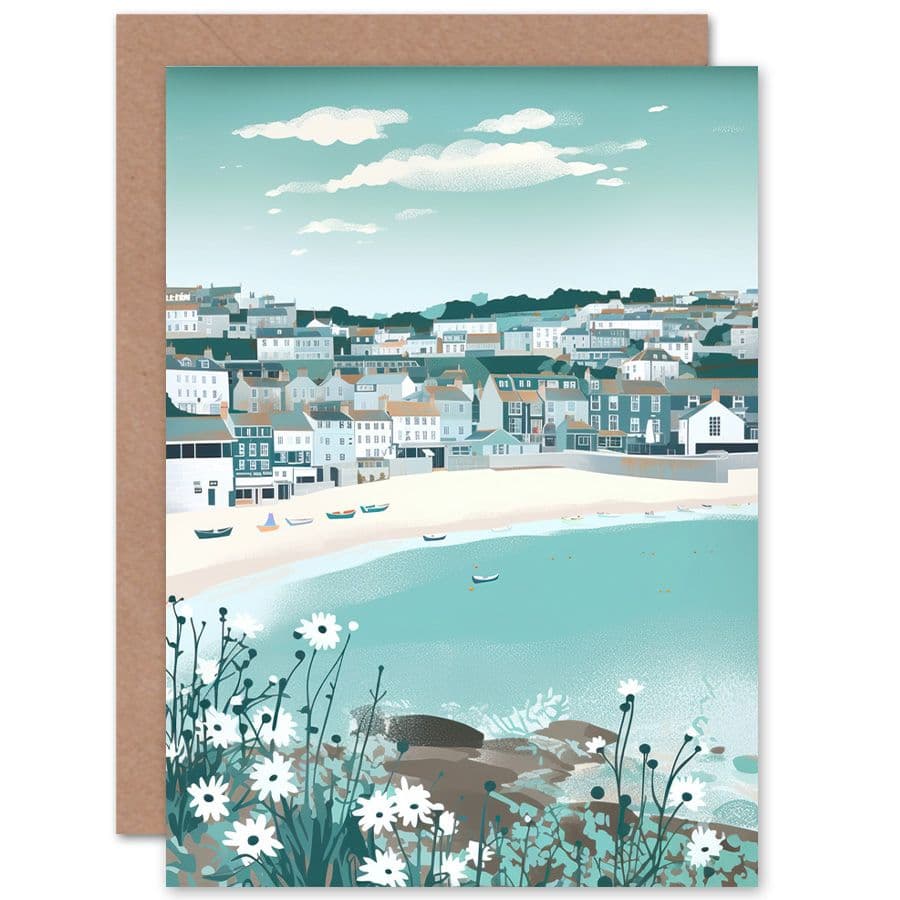 St Ives Bay Daisies Soft Pastel Coastal Cityscape Travel Birthday Card