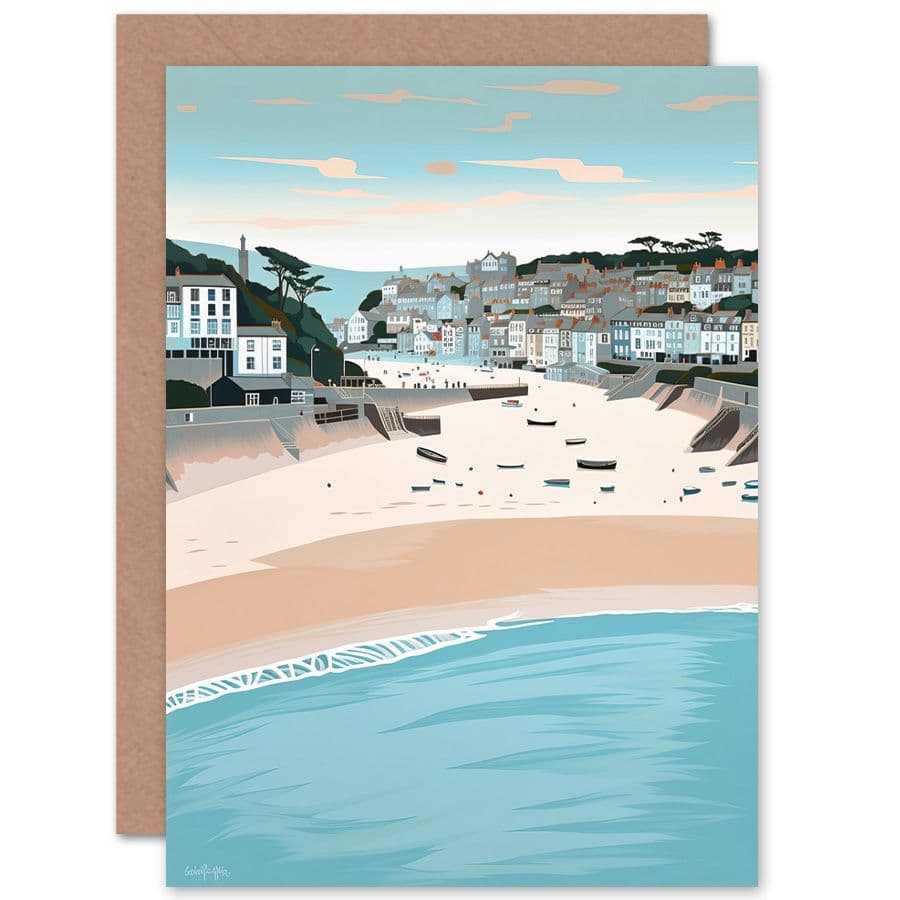 St Ives Bay Summer Pastel Coastal Cityscape Travel Birthday Card