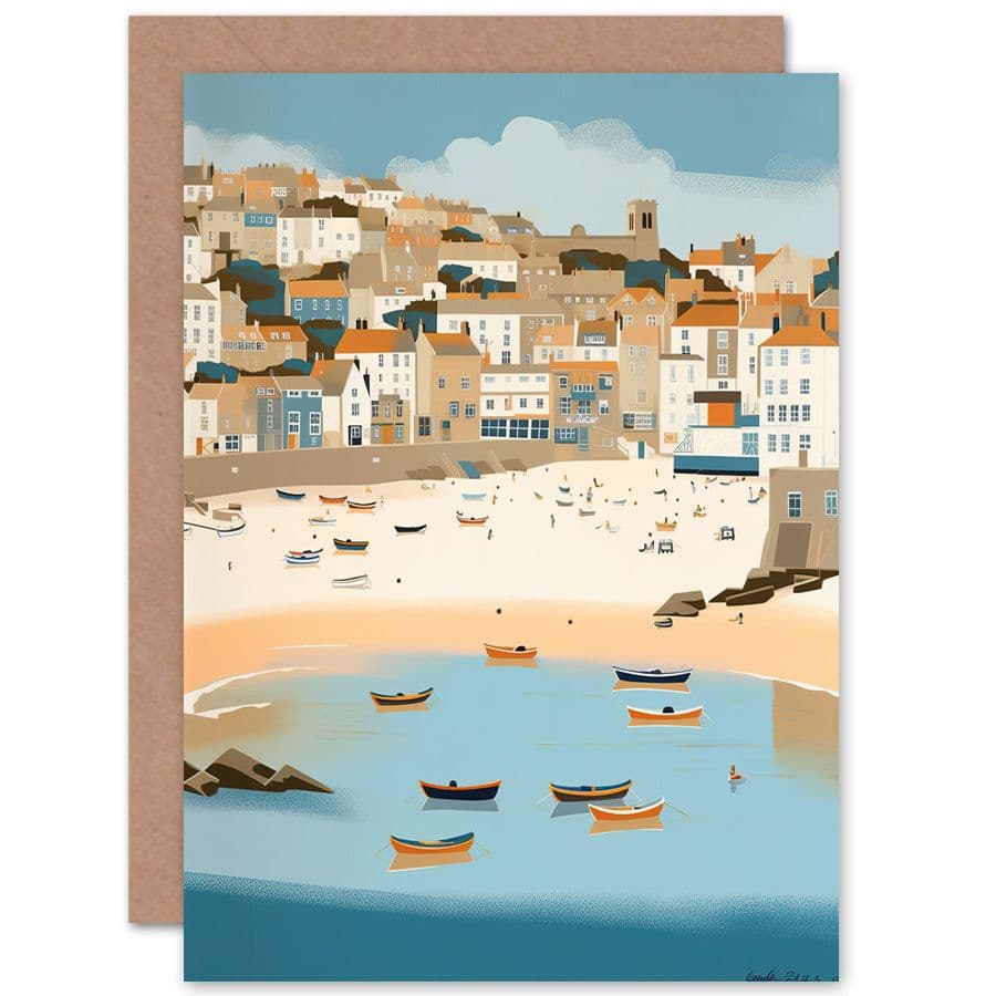 Small Boats St Ives Bay Coastal Cityscape Travel Birthday Card