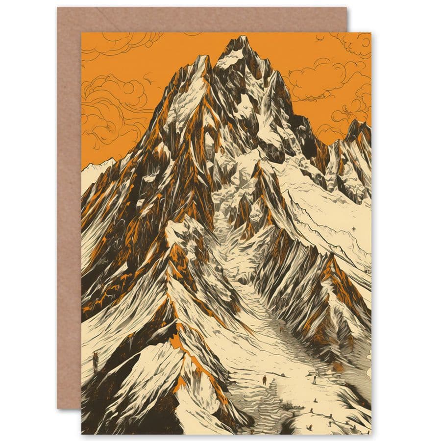 K2 Mountain Peak Climbers Orange Linocut Travel Birthday Card