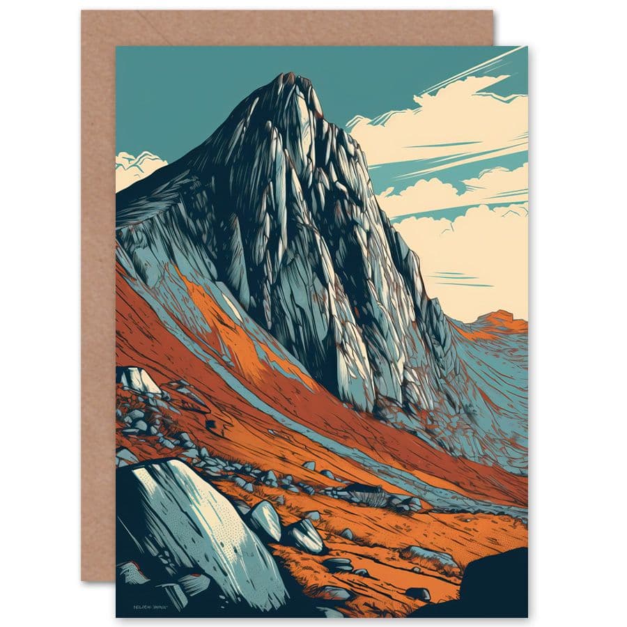 Tryfan Mountain Peak Landscape Teal Brown Linocut Travel Birthday Card