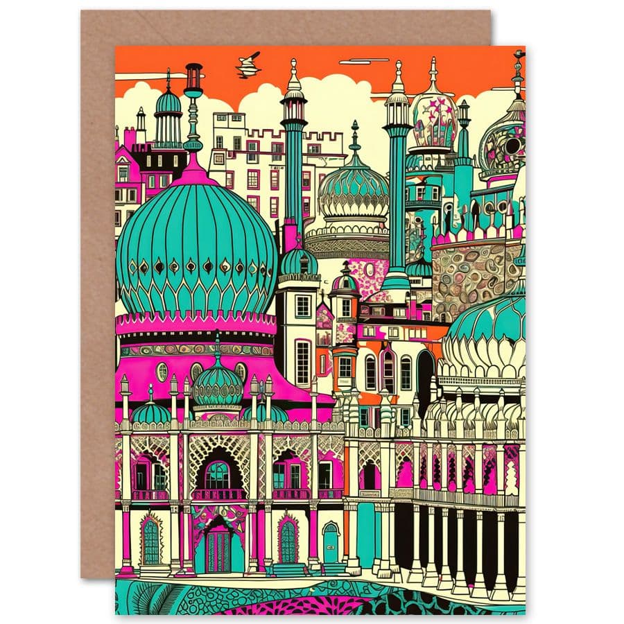Brighton Royal Pavilion Palace Vibrant Linocut Travel Birthday Card