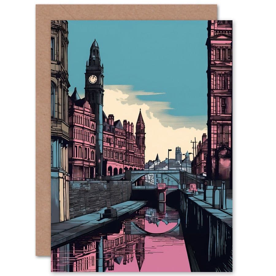 Leeds Canal Cityscape Teal Travel Birthday Card