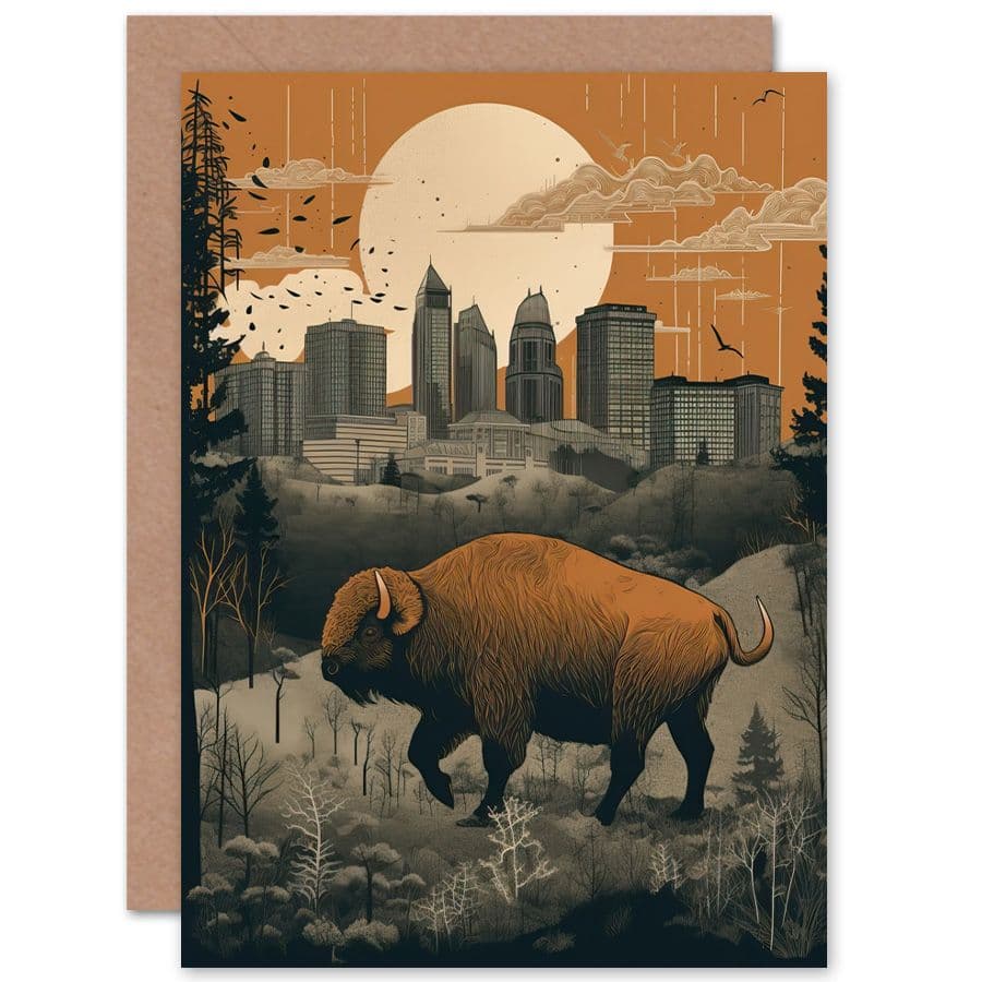 Bison Forest Urban Cityscape Modern Linocut Travel Birthday Card
