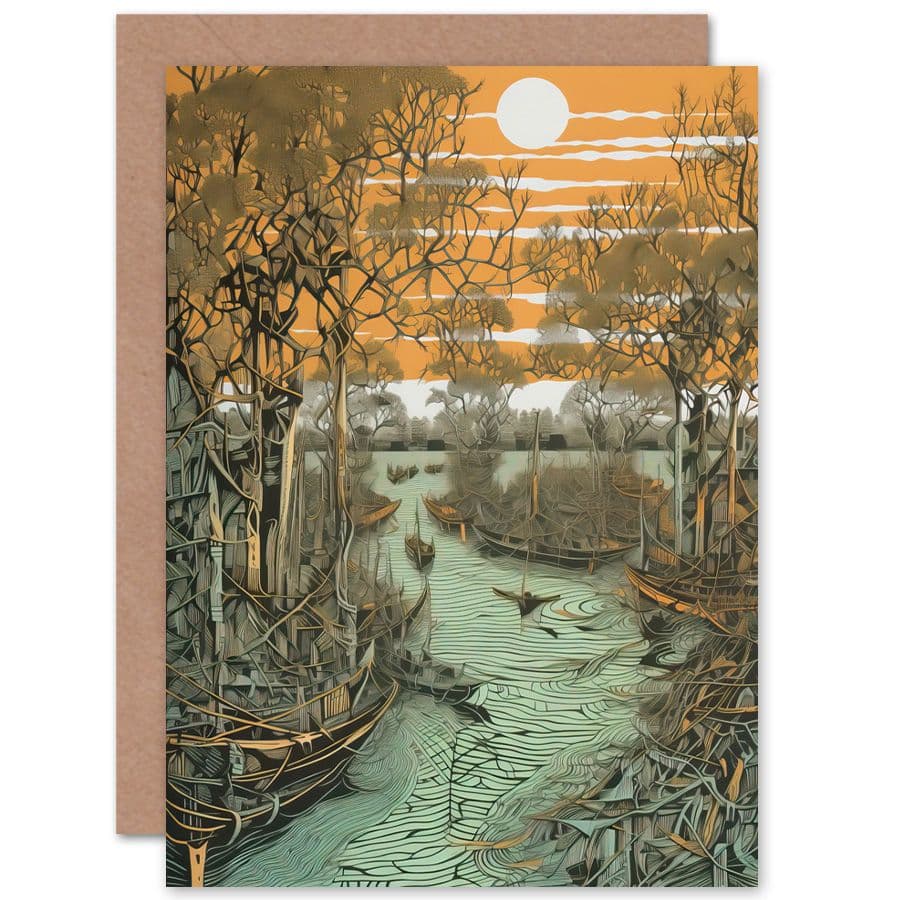 Mangrove Forest Swamp Coastal Landscape Linocut Travel Birthday Card