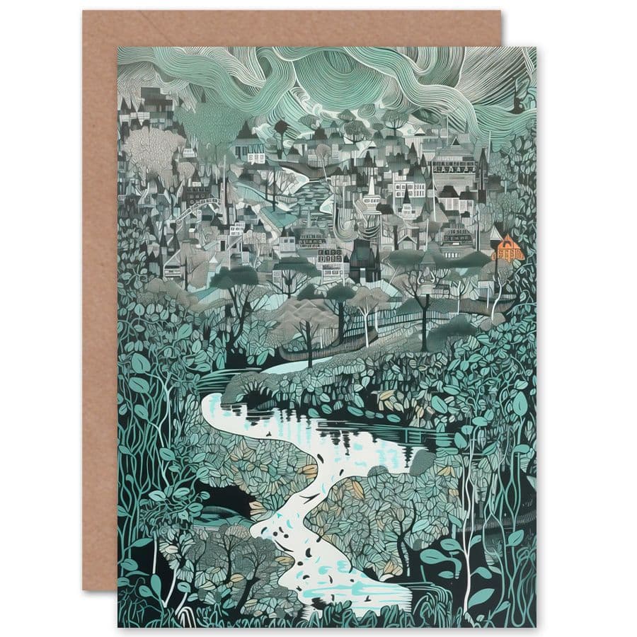 Village Near River Forest Landscape Blue Linocut Travel Birthday Card