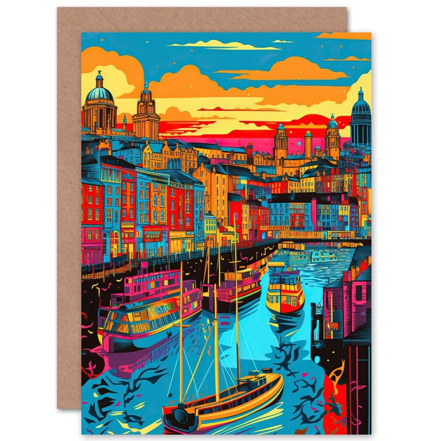 Vibrant Liverpool City Waterfront Sunset Cityscape Travel Birthday Card
