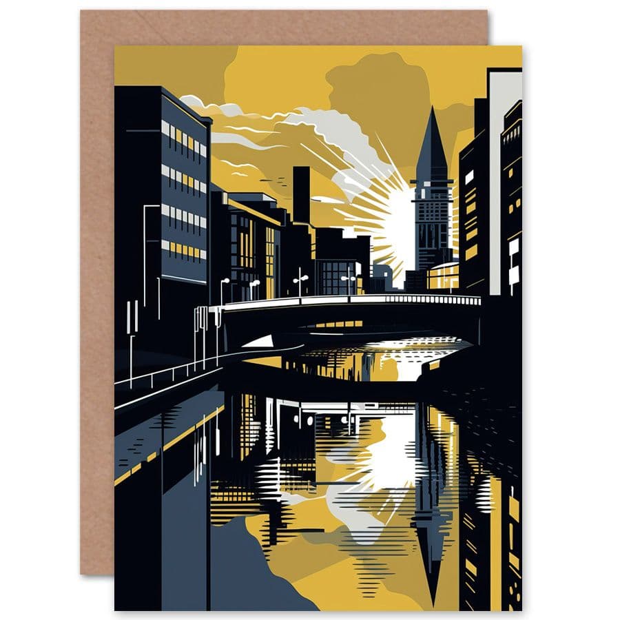 Glasgow River Cityscape Sunrise Geometric Linocut Travel Birthday Card