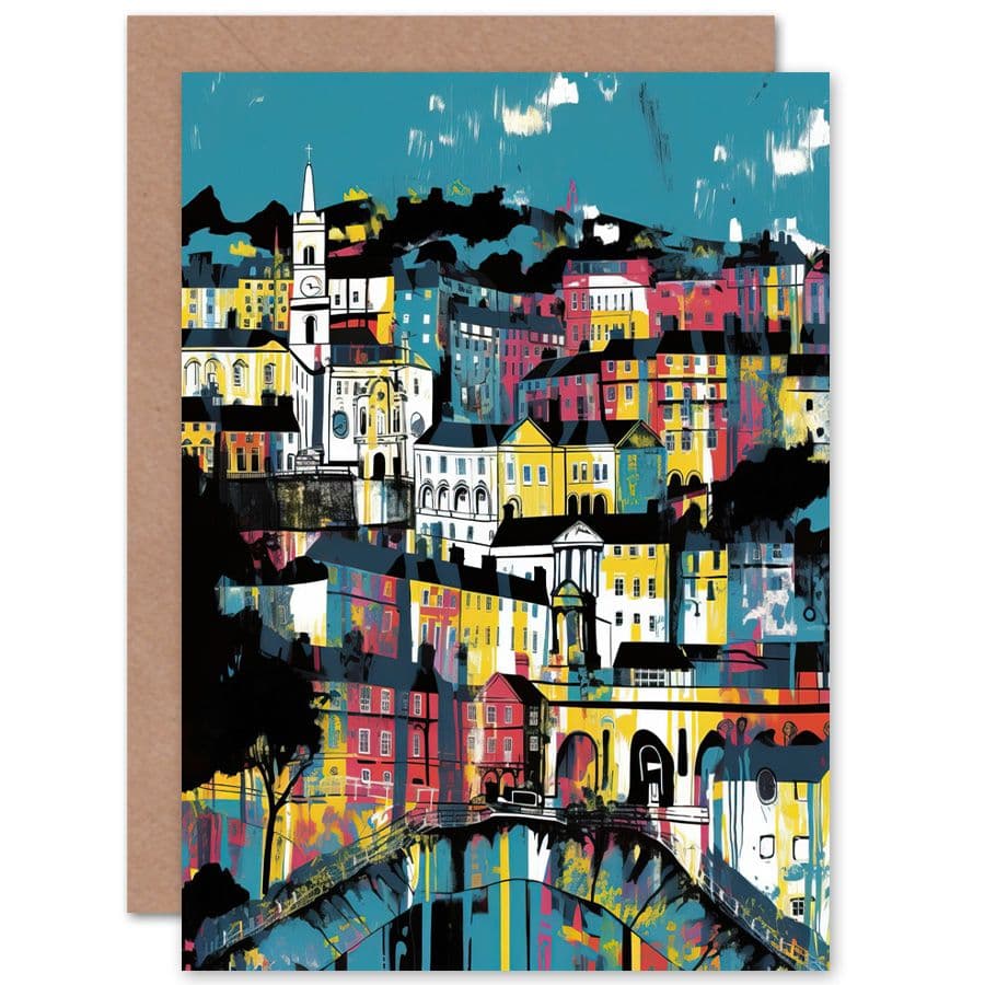 Modern Vertical Cityscape Pink Yellow Travel Birthday Card