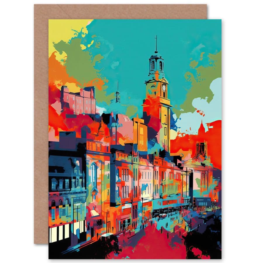 Nottingham City Cityscape Vibrant Linocut Travel Birthday Card