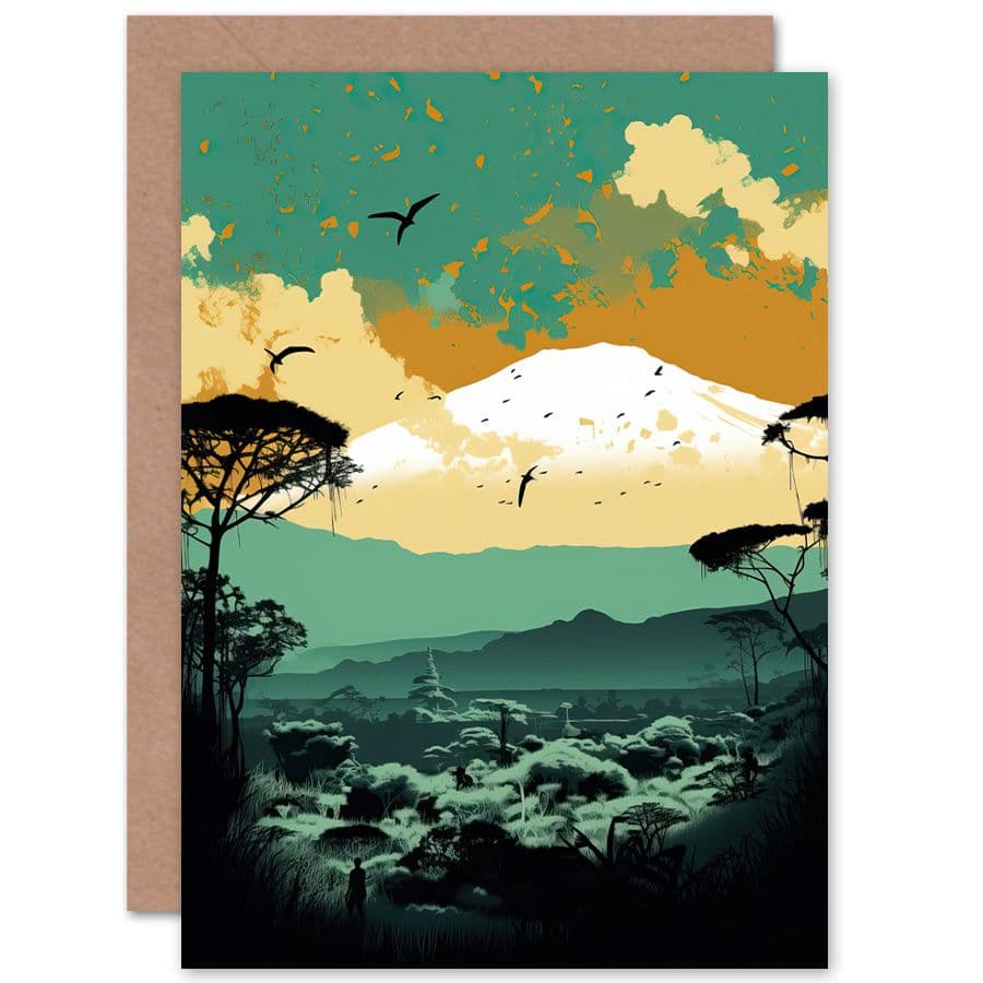 Mount Fuji Sunrise Landscape Teal Tan Travel Birthday Card