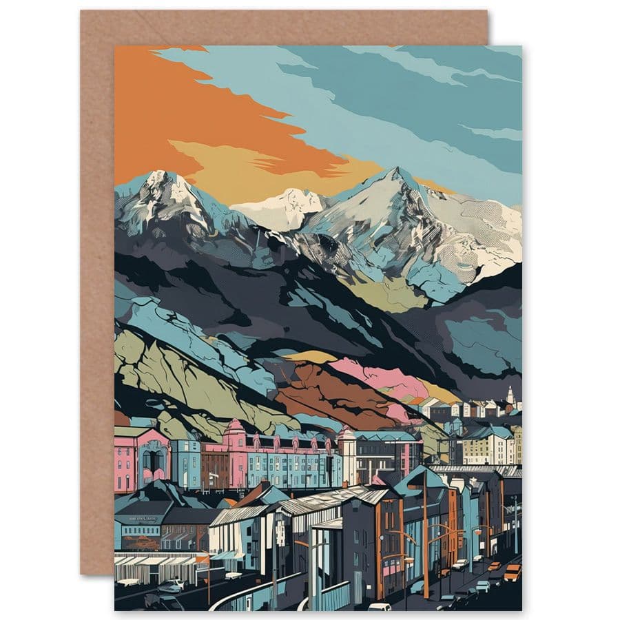 Cityscape under Rocky Moutain Range Modern Linocut Travel Birthday Card