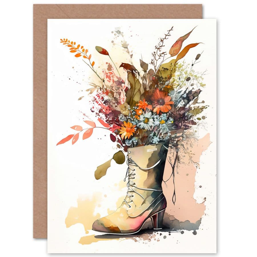 Spring Wildflower Bouquet in High Heel Army Boot Flowers Nature Birthday Card
