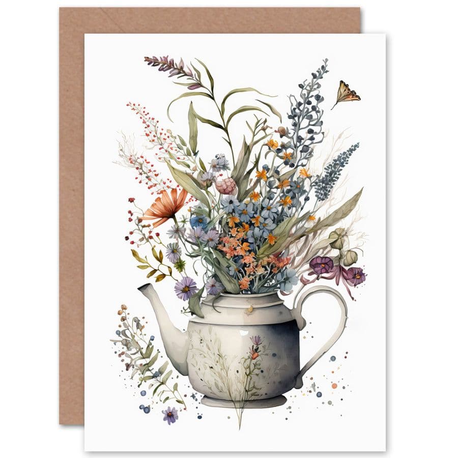 Spring Wildflower Bouquet in White Ceramic Teapot Flowers Nature Birthday Card