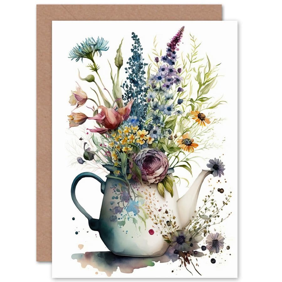Spring Wildflower Floral Bouquet in a Teapot Vase Flowers Nature Birthday Card