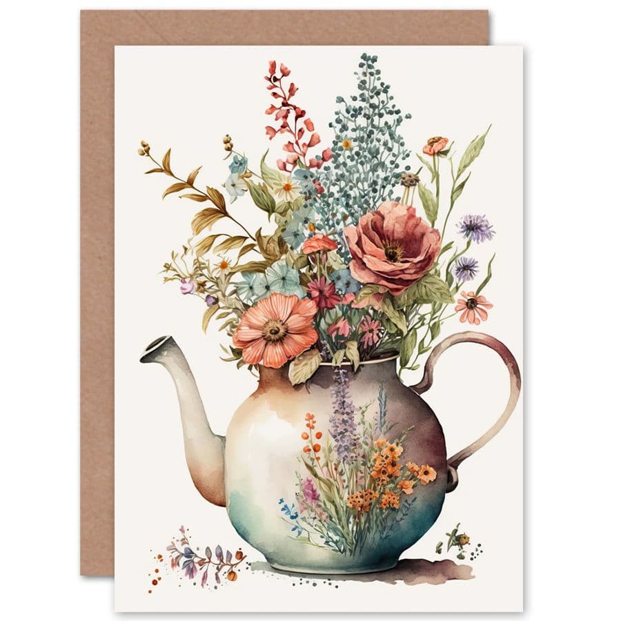 Flower Bouquet in a Floral Design Ceramic Teapot Flowers Nature Birthday Card