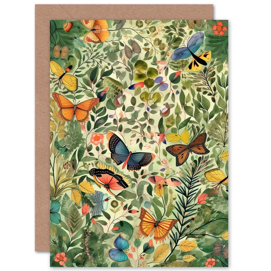 Butterfies Flying in Spring Field Modern Folk Art Nature Birthday Card