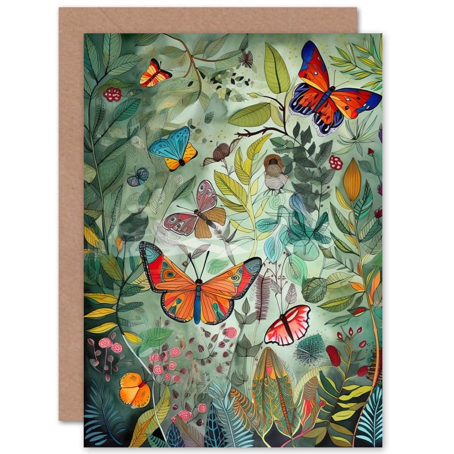 Butterfies Spring Field Modern Folk Art Nature Birthday Card