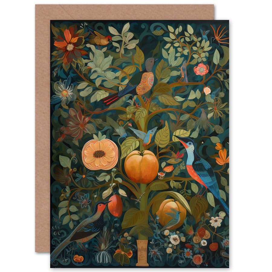 Birds on Blooming Peach Tree in Modern Folk Art Nature Birthday Card