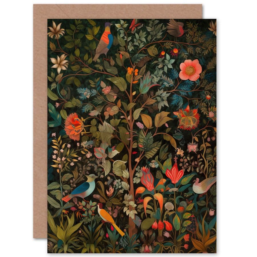 Birds on Blooming Trees in Spring Modern Folk Art Nature Birthday Card