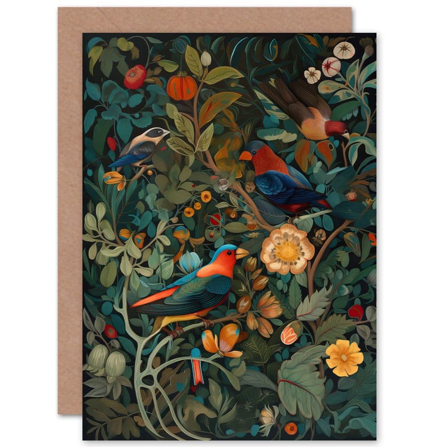 Parrots on Exotic Blooming Trees Modern Folk Art Nature Birthday Card