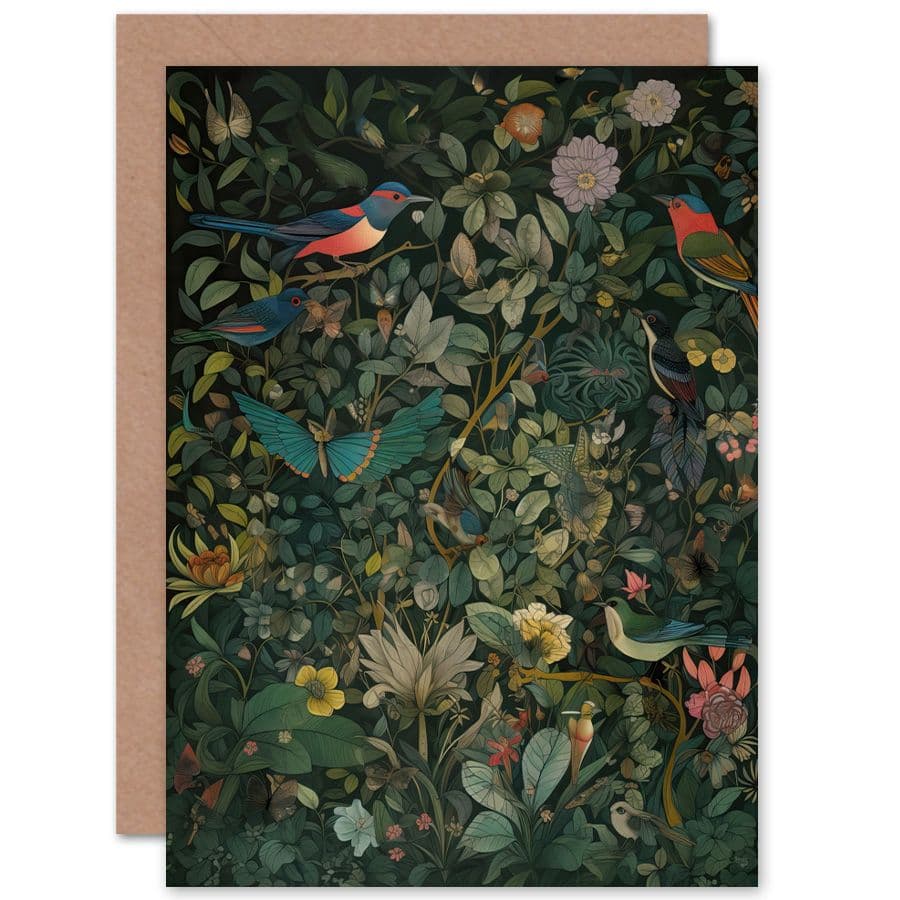 Butterflies and Birds on Flowering Shrub Folk Art Nature Birthday Card