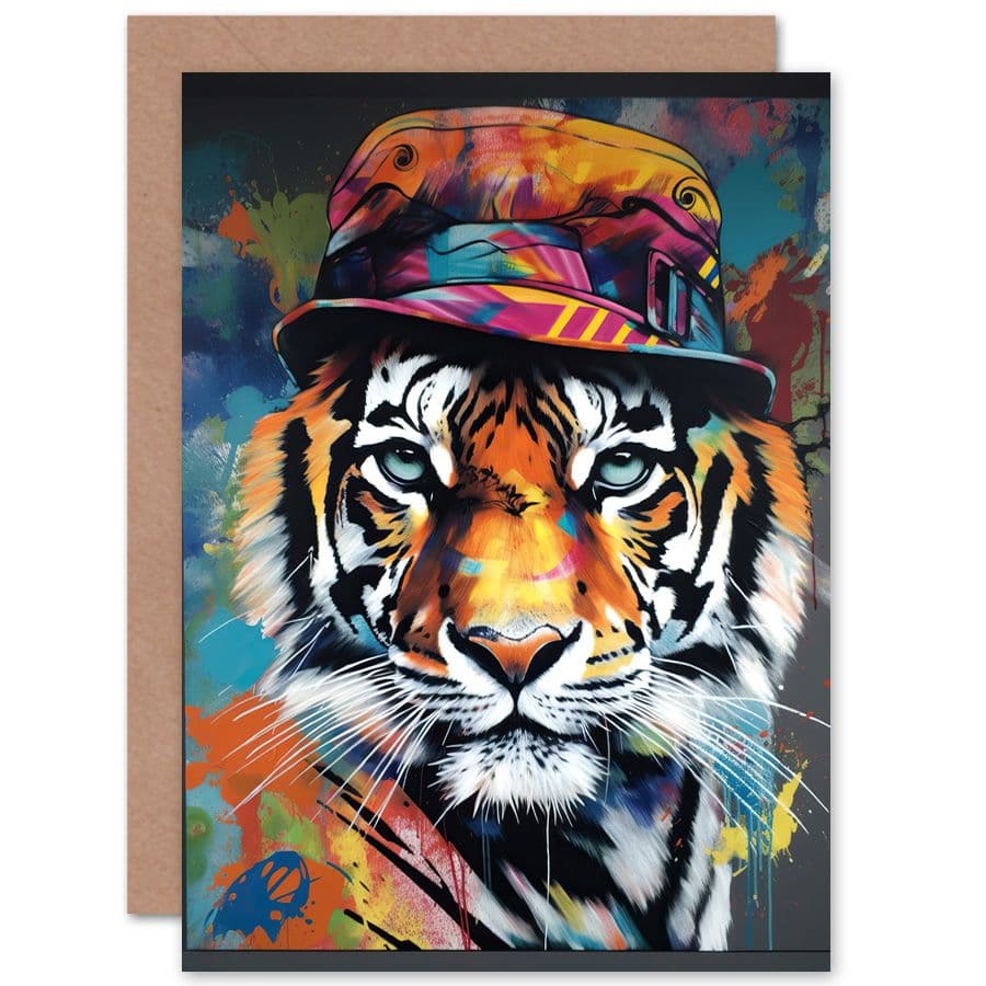 Tiger Wearing a Bucket Hat Vibrant Multicoloured Funny Animals Birthday Card