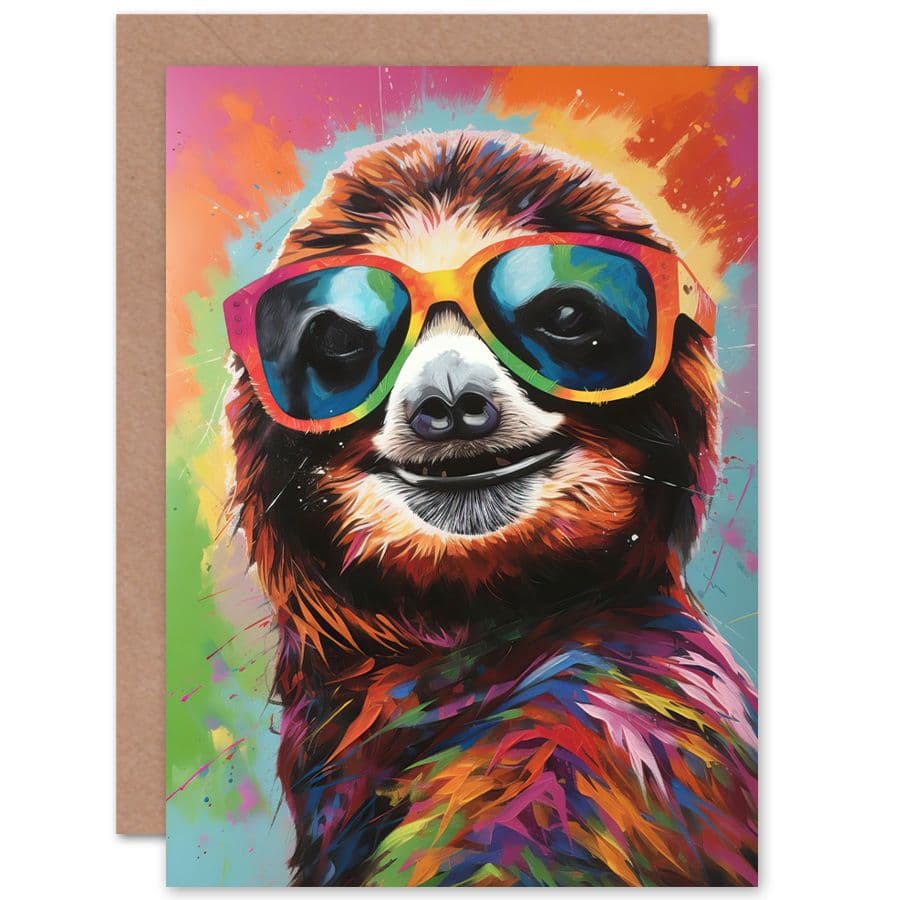 Multicoloured Smiling Sloth Wearing Sunglasses Funny Animals Birthday Card