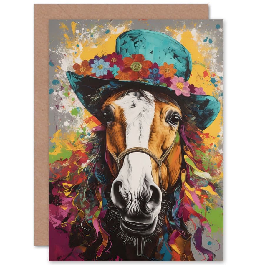 Horse Wearing Flower Summer Hat Multicoloured Funny Animals Birthday Card
