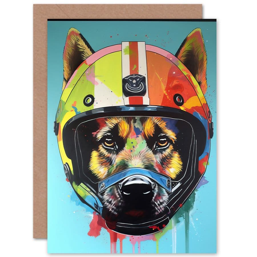 German Shepherd Dog Wearing Motorbike Helmet Pop Art Funny Animals Birthday Card