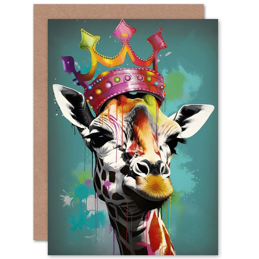 Giraffe Wearing Crown King Queen Pop Art Funny Animals Birthday Card