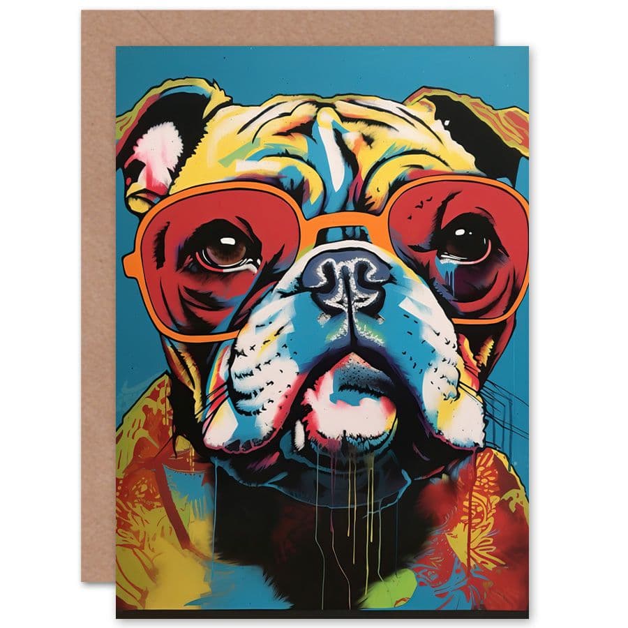 English Bulldog Wearing Sunglasses Modern Pop Art Funny Animals Birthday Card