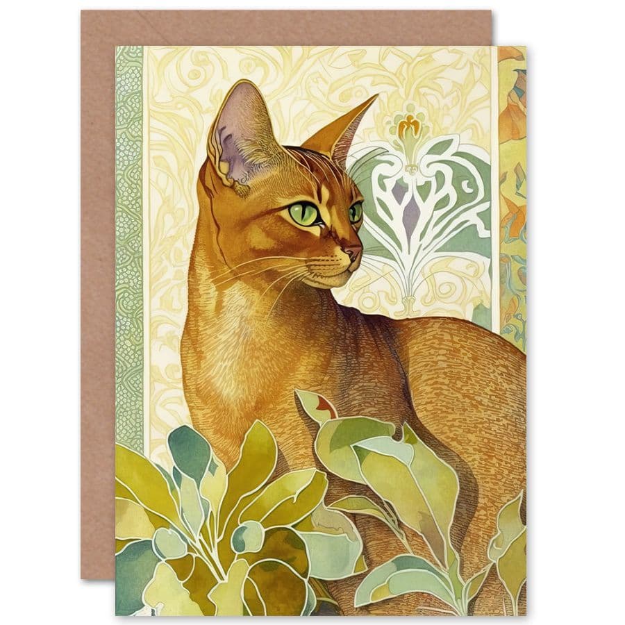 Birthday Card Abyssinian Cat with Plants Art Nouveau Bright Modern Watercolour Art Birthday