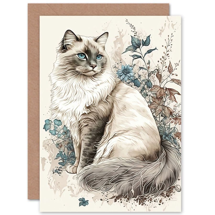 Birthday Card Point Ragdoll Cat Flowers Watercolour Art Birthday