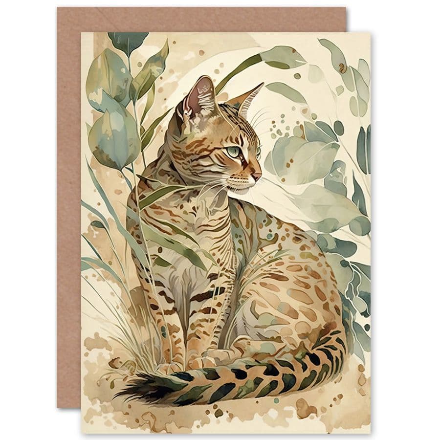 Birthday Card Spotted Fur Coat Bengal Cat in Nature Pastel Watercolour Art Birthday