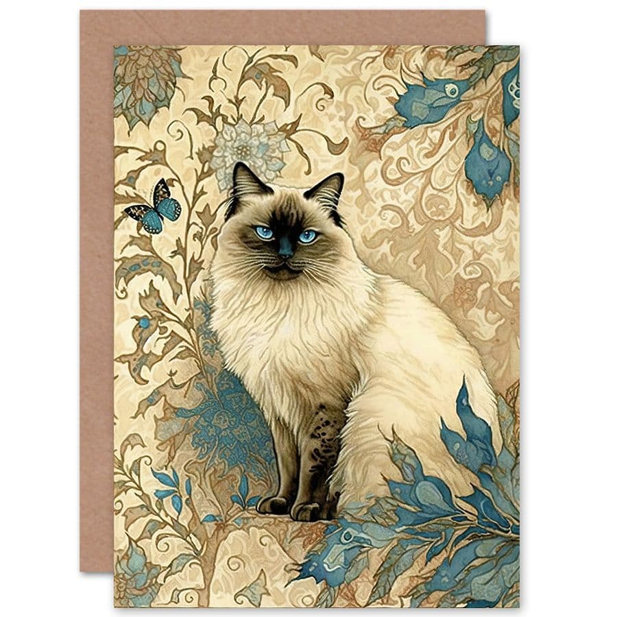 Birthday Card Blue Point Ragdoll Cat with Teal Plants Art Nouveau Watercolour Art Birthday