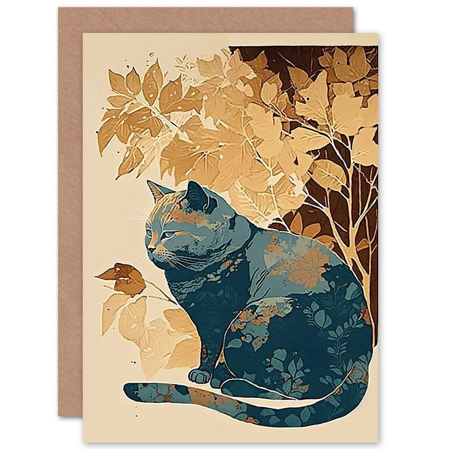 Birthday Card Cat by Countryside Shrub Bush in Autumn Modern Linocut Art Birthday