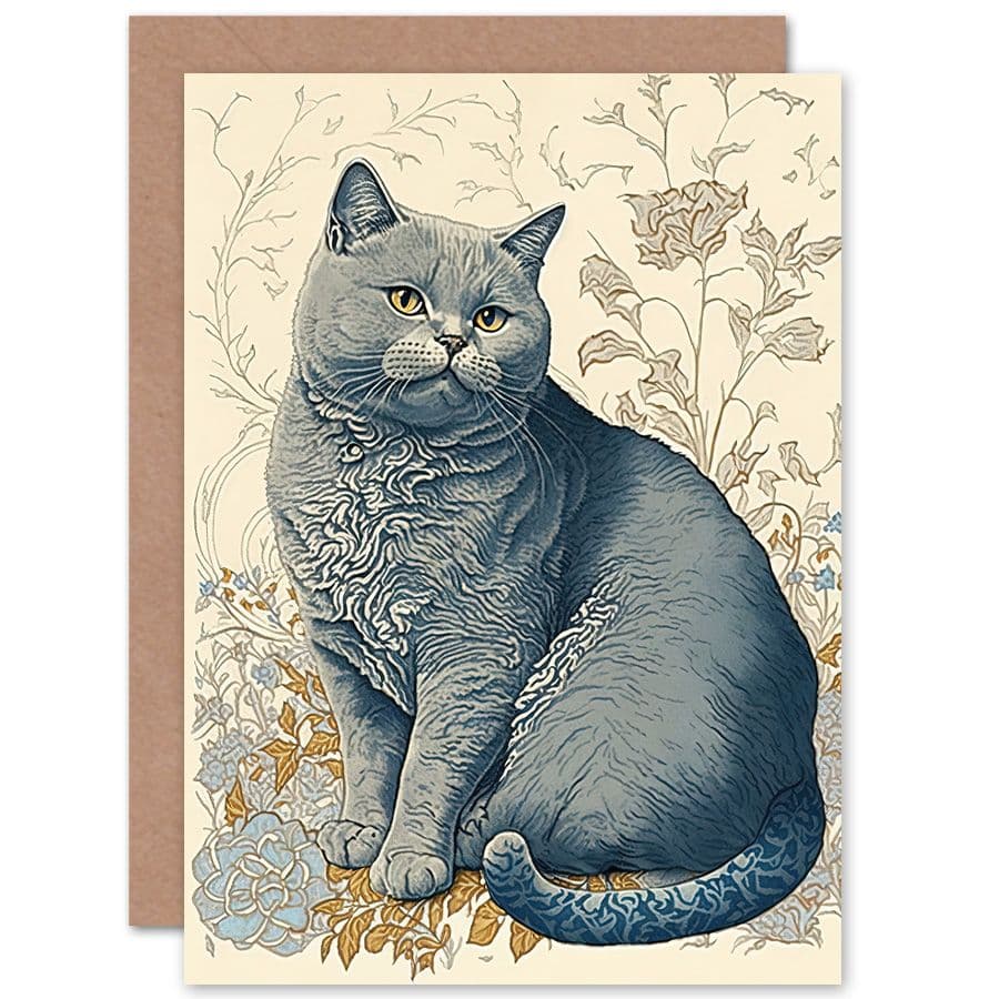 Birthday Card William Morris Inspired Cat Portrait Flowers Modern Art Birthday