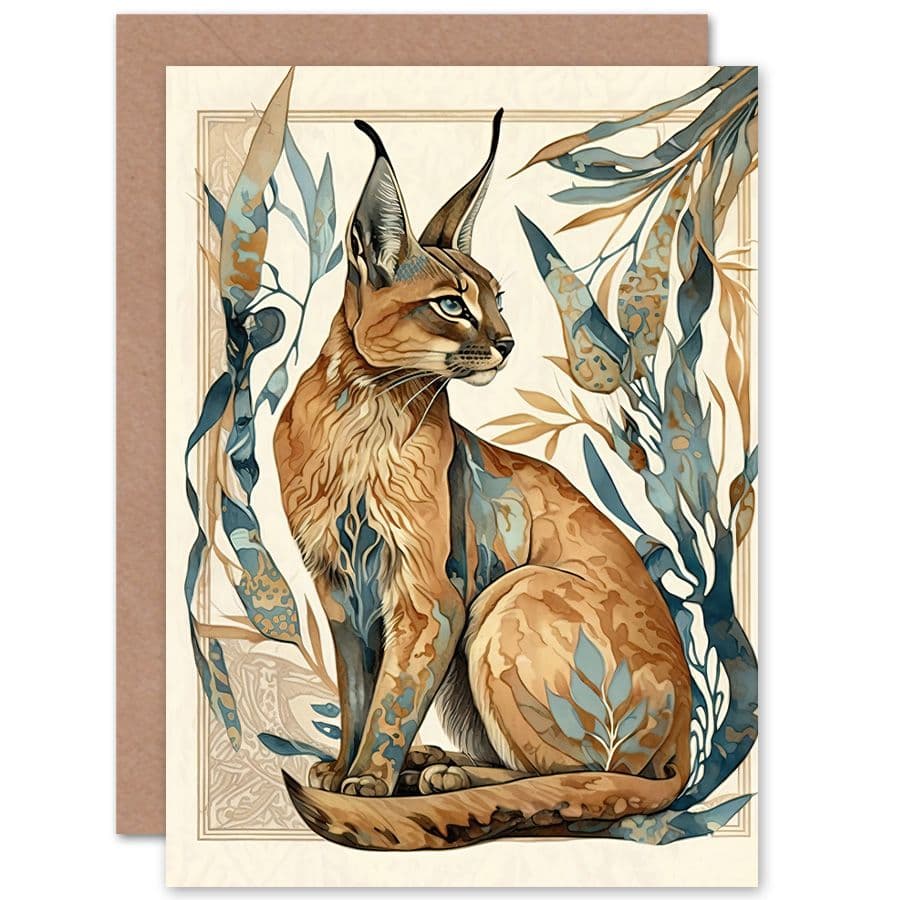 Birthday Card Caracal Cat with Teal Plants Modern Art Nouveau Watercolour Art Birthday