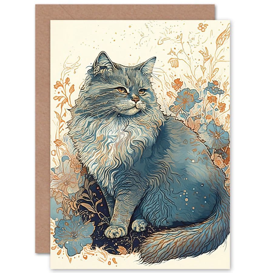 Birthday Card Fluffy Cat Wildflowers Teal Watercolour Art Birthday