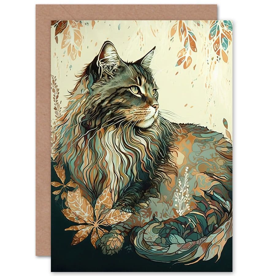 Birthday Card Maine Coon Cat with Flower Pattern Modern Watercolour Art Birthday