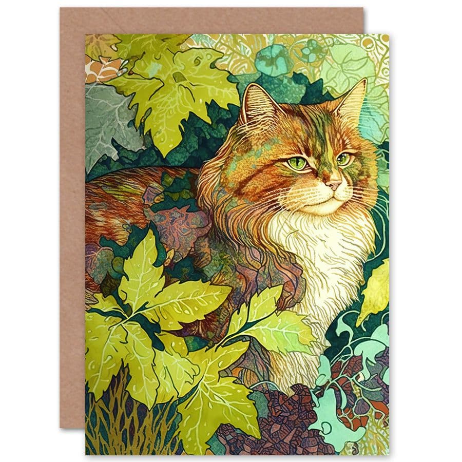 Birthday Card Ginger Cat Hiding Bush Tree Modern Colourful Art Birthday