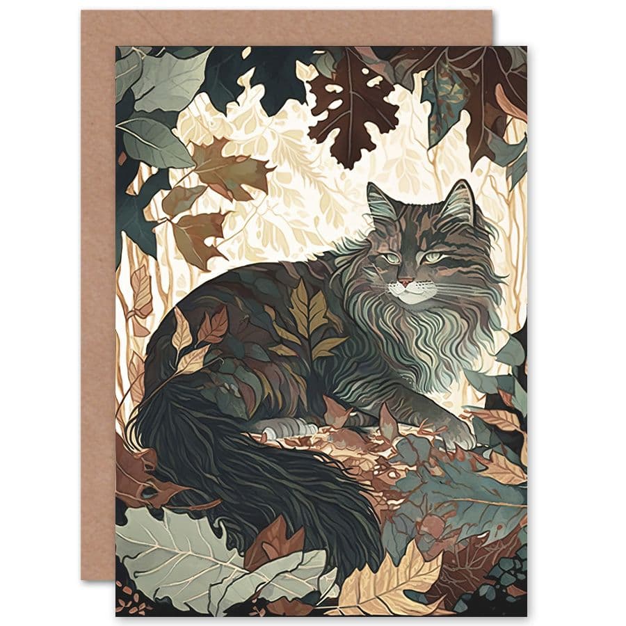 Birthday Card Norwegian Forest Cat Resting Under Bush Trees Modern Art Birthday