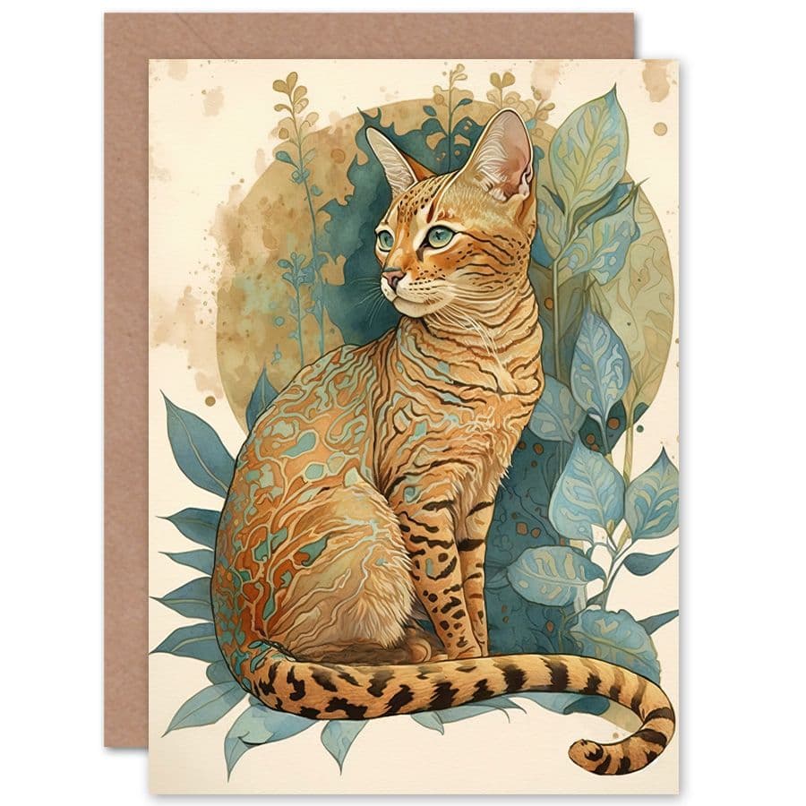 Birthday Card Ocicat Cat with Colourful Pattern Fur Coat Modern Watercolour Art Birthday