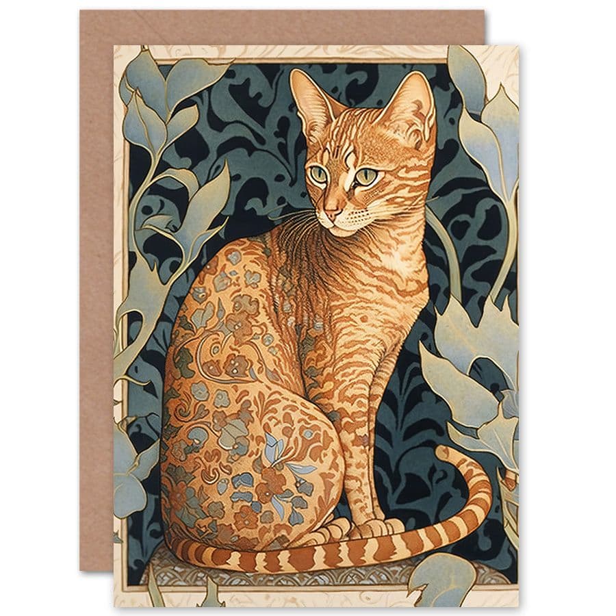 Birthday Card Ocicat Cat with Flower Pattern Fur Coat Art Nouveau Watercolour Art Birthday