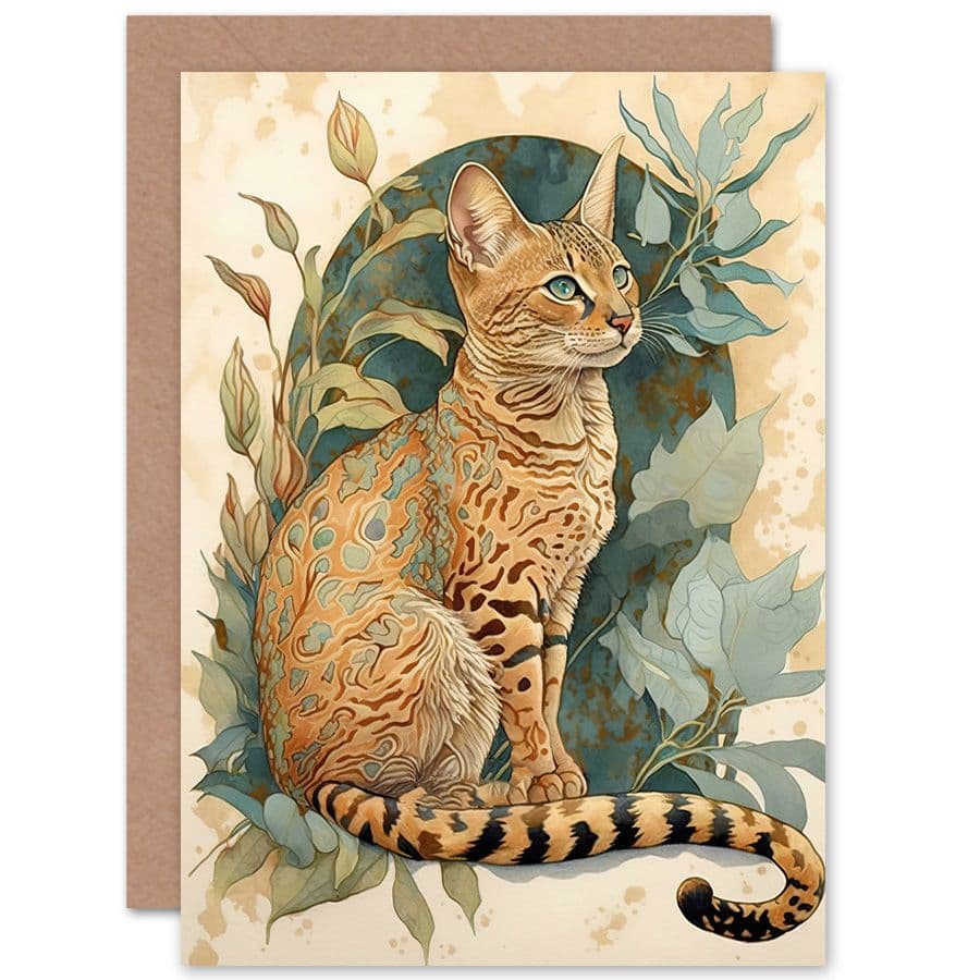 Birthday Card Ocicat Cat Rosette Pattern Fur Leafy Plants Watercolour Art Birthday
